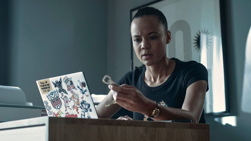 Frances Neagley (Maria Sten) at a computer in &quot;Reacher&quot; season 2