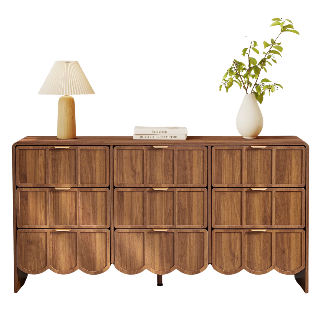 Yocwo 9 Drawer Dresser With Wave Panel, Mid Century Storage Dresser Chest of Drawer for Bedroom, Walnut