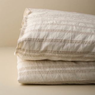 Embroidered Stripe Linen Cotton Duvet Cover - Oatmeal