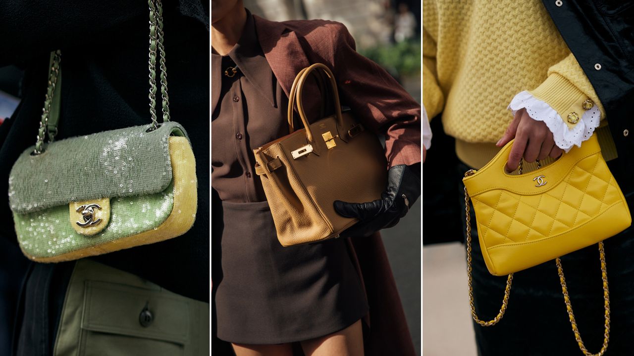 a collage of three women carrying designer bags at Paris Fashion Week