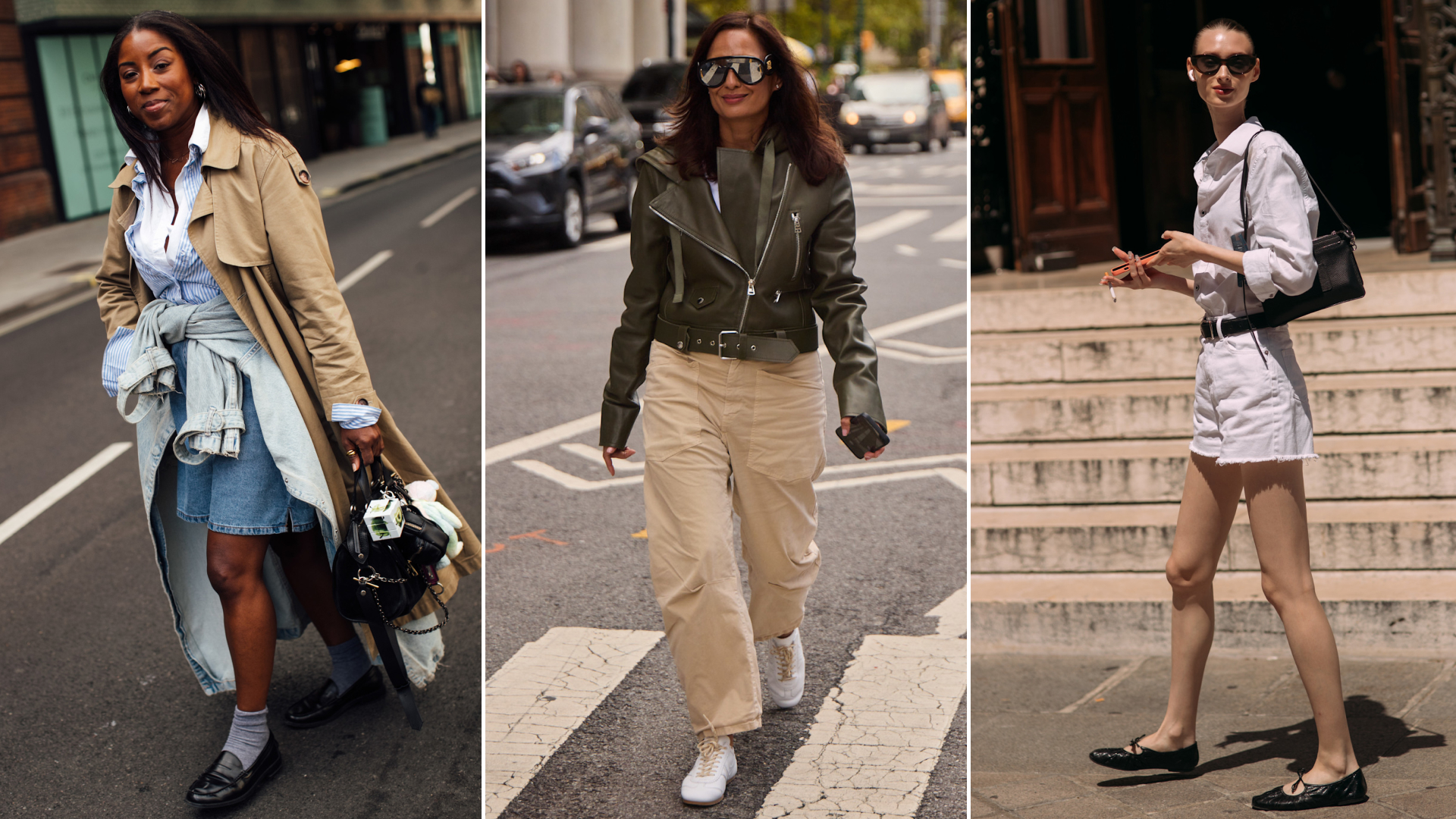 Split image of fashion week attendees wearing loafers, sneakers, and ballet flats