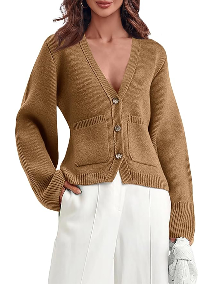 Saodimallsu, Saodimallsu Womens Deep V Neck Cardigan Sweaters Open Front Button Down Long Sleeve Cropped Knit Coats With Pockets Dark Khaki