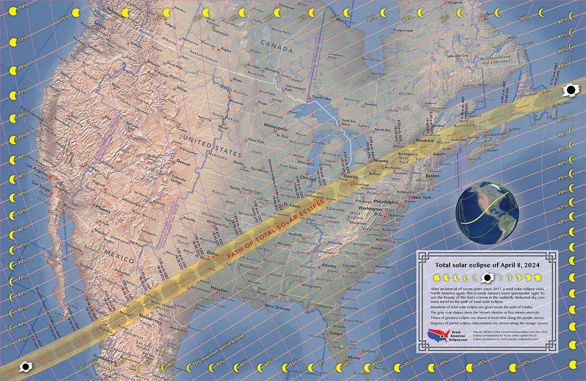 a map of the united states showing the path of the total solar eclipse on april 8, 2024