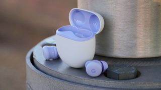The Google Pixel Buds 2a in the Iris colorway. 