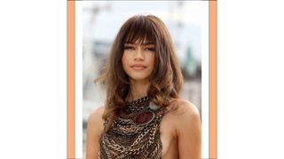 Zendaya with a wispy fringe as she attends the Dune Photocall in London ahead of the film's release on 21st October in central London on October 17, 2021 in London, England.