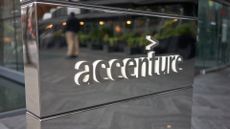 The Accenture sign on a mirrored block