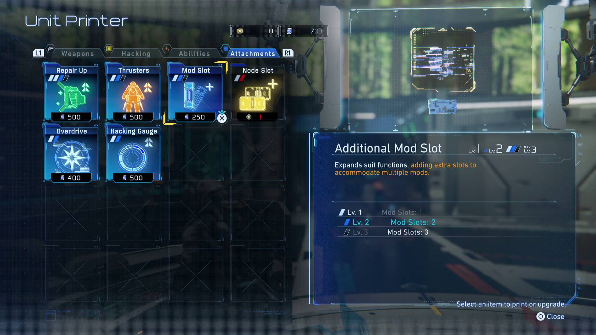 Pragmata tips Additional Mod Slot attachment upgrade in Unit Printer