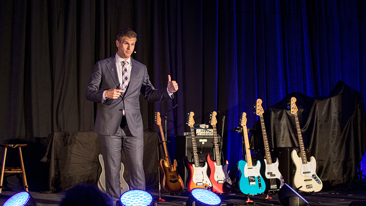 President and CEO of NAMM John Mlynczak speaks on stage during Global Media Day at The 2025 NAMM Show at Anaheim Convention Center on January 22, 2025 in Anaheim, California