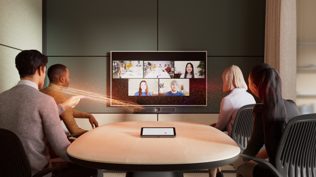 The new Logitech Meet2 video bar in a conference room. 