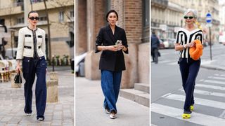 A composite of street style influencers showing jeans be business casual dark wash jeans