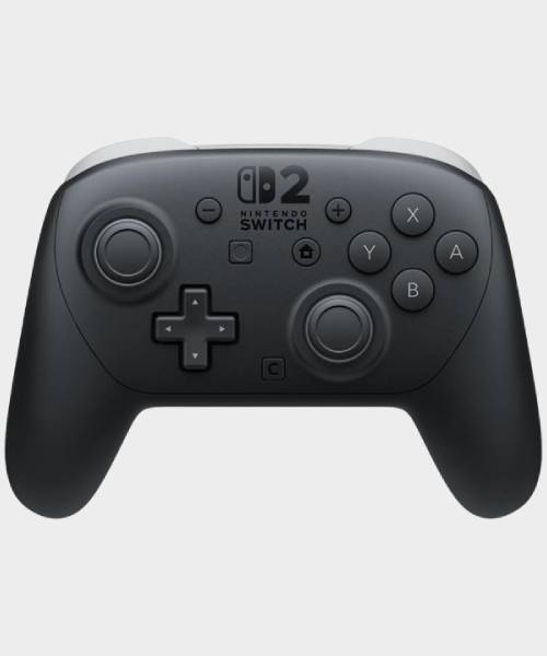 Image of a black Switch 2 controller with a gray background.