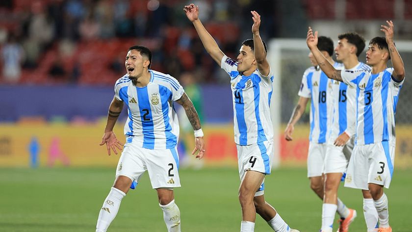 Dylan Gorosito, Tobias Ramirez and teammates celebrates after winning the FIFA U-20 World Cup Chile 2025 quarter-final match between Mexico and Argentina at Estadio Nacional Julio Martínez Prádanos on October 11, 2025 in Santiago, Chile. 