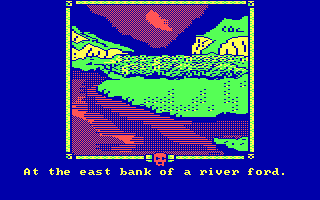 Lord of the Rings games — a screenshot of the east bank of a river ford in Melbourne House's Lord of the Rings.