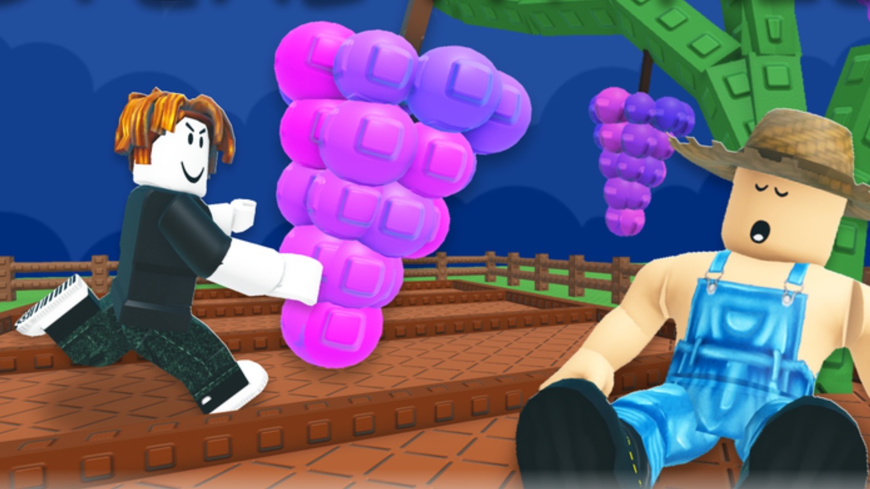 Game artwork for Grow A Garden 2 - a character steals a bunch of grapes from a sleeping farmer.