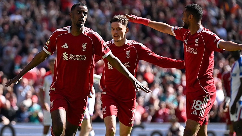 Alexander Isak of Liverpool celebrates scoring his team's first goal during the Premier League match between Liverpool and Crystal Palace at Anfield on April 25, 2026. 
