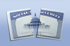 A Social Security card cut in half with the United States Capitol building on it