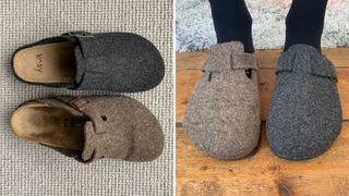 Simba stormur slippers next to Birkenstock Boston clogs