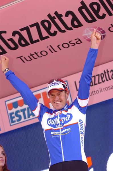 Wouter Weylandt (Quick Step) on the podium after sprinting to a win in stage 3 of the Giro d'Italia