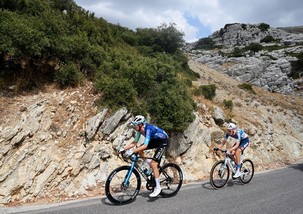 YUNQUERA SPAIN AUGUST 22 LR Ben OConnor of Australia and Team Decathlon AG2R La Mondiale and Gijs Leemreize of The Netherlands and Team dsmFirmenich PostNL compete in the breakaway during the La Vuelta 79th Tour of Spain 2024 Stage 6 a 1855km stage from Jerez de la Frontera to Yunquera UCIWT on August 22 2024 in Yunquera Spain Photo by Dario BelingheriGetty Images