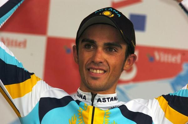 Alberto Contador (Astana) on the podium for his win in the stage 18 time trial.