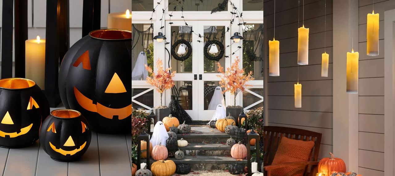 The best outdoor Halloween lights. Pumpkin lanterns, decorated front door, hanging candle lights.