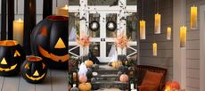 The best outdoor Halloween lights. Pumpkin lanterns, decorated front door, hanging candle lights.