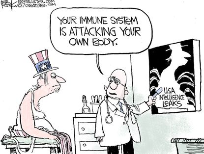 Political Cartoon U.S. America leaks chaos Uncle Sam