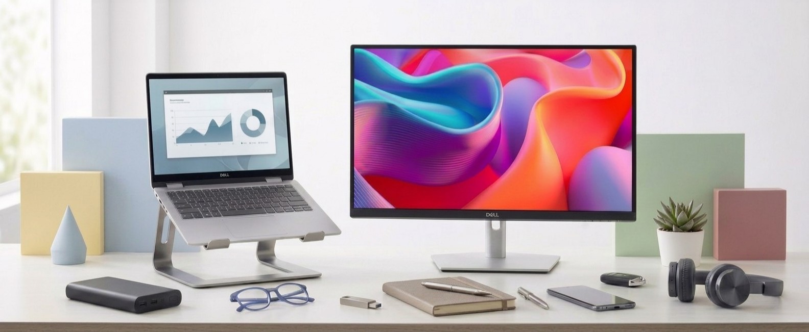 A Dell XPS 13 laptop and Dell Pro monitor on a desk surrounded by headphones, a notepad, pens, phone, keys, glasses, and decorations.