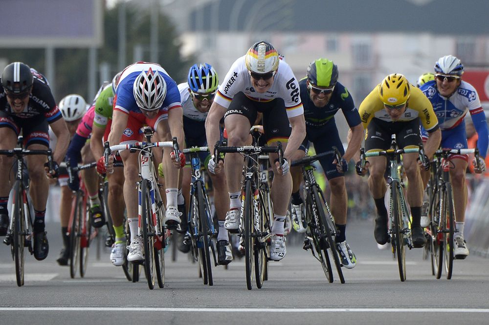 Germany's Andre Greipel (2ndR) wins next to Spain's Jose Joaquin Rojas (R), France's Arnaud Demare (2ndL) and Germany's John Degenkolb (L), at the end of the second stage.