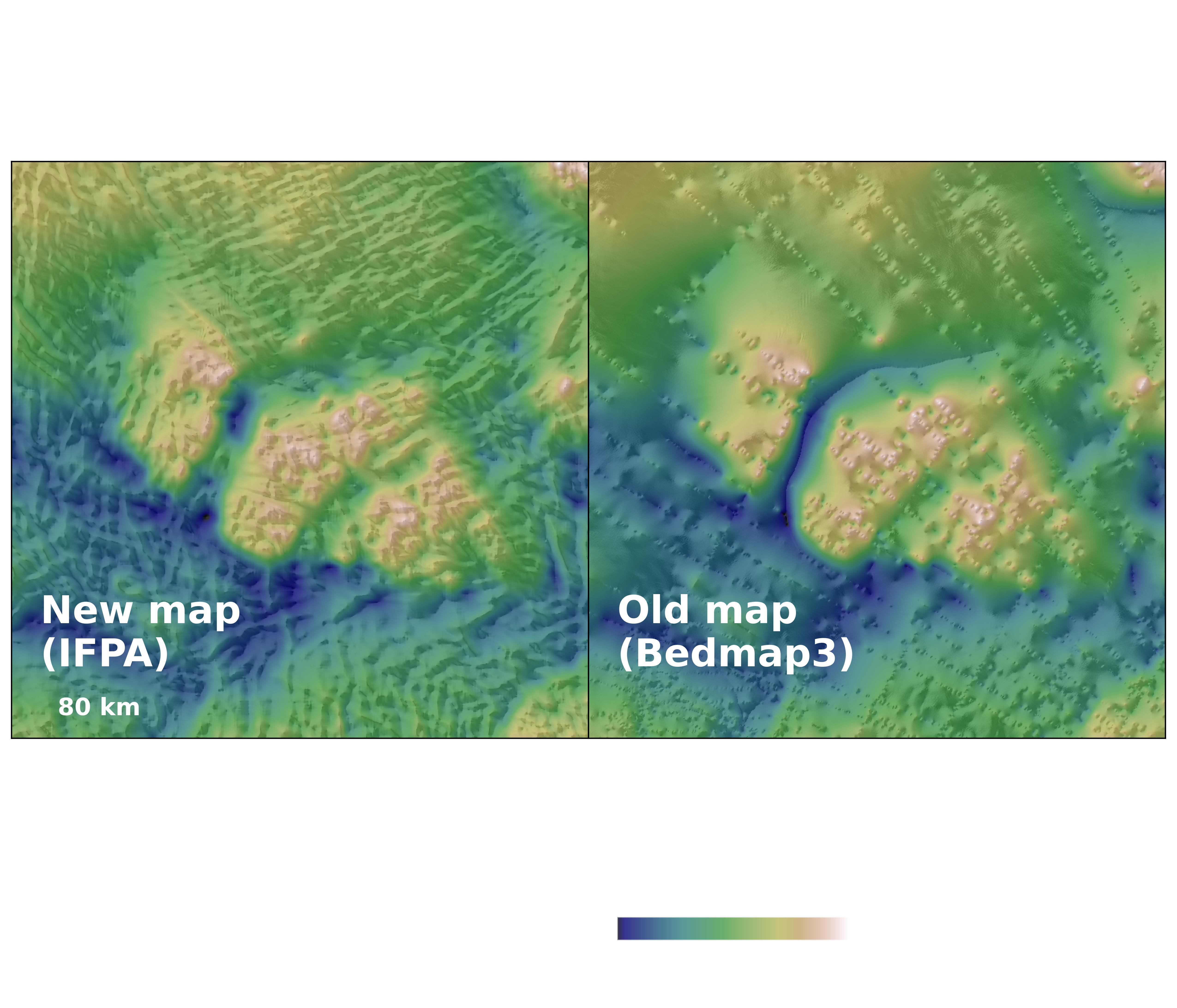 A blue and green heatmap showing blobs of yellow against a green and blue background with two images side by side. The one on the left is labeled "new map" and the one on the right is labeled "old map"