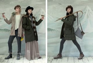 Left: Illustrated snow scene, grey snowy sky and white mountainous background, two female models wearing winter wear, coat and hats, both with an arm out with a small bird perched on their hands. Right: Female model, winter wear, wooden cane over her shoulder holding a grey handbag, Illustrated snow scene, grey snowy sky and white mountainous background
