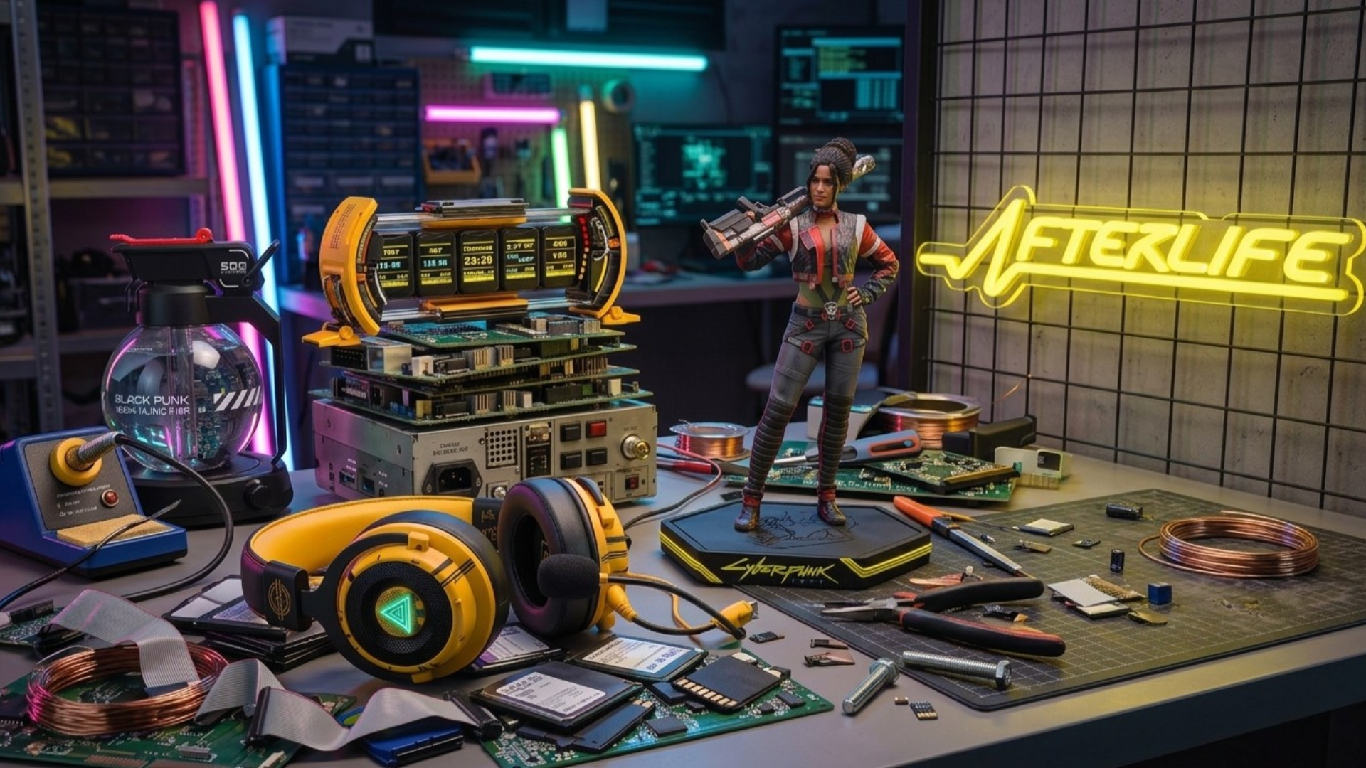 A selection of Cyberpunk 2077-themed home office gear in an industrial office setting