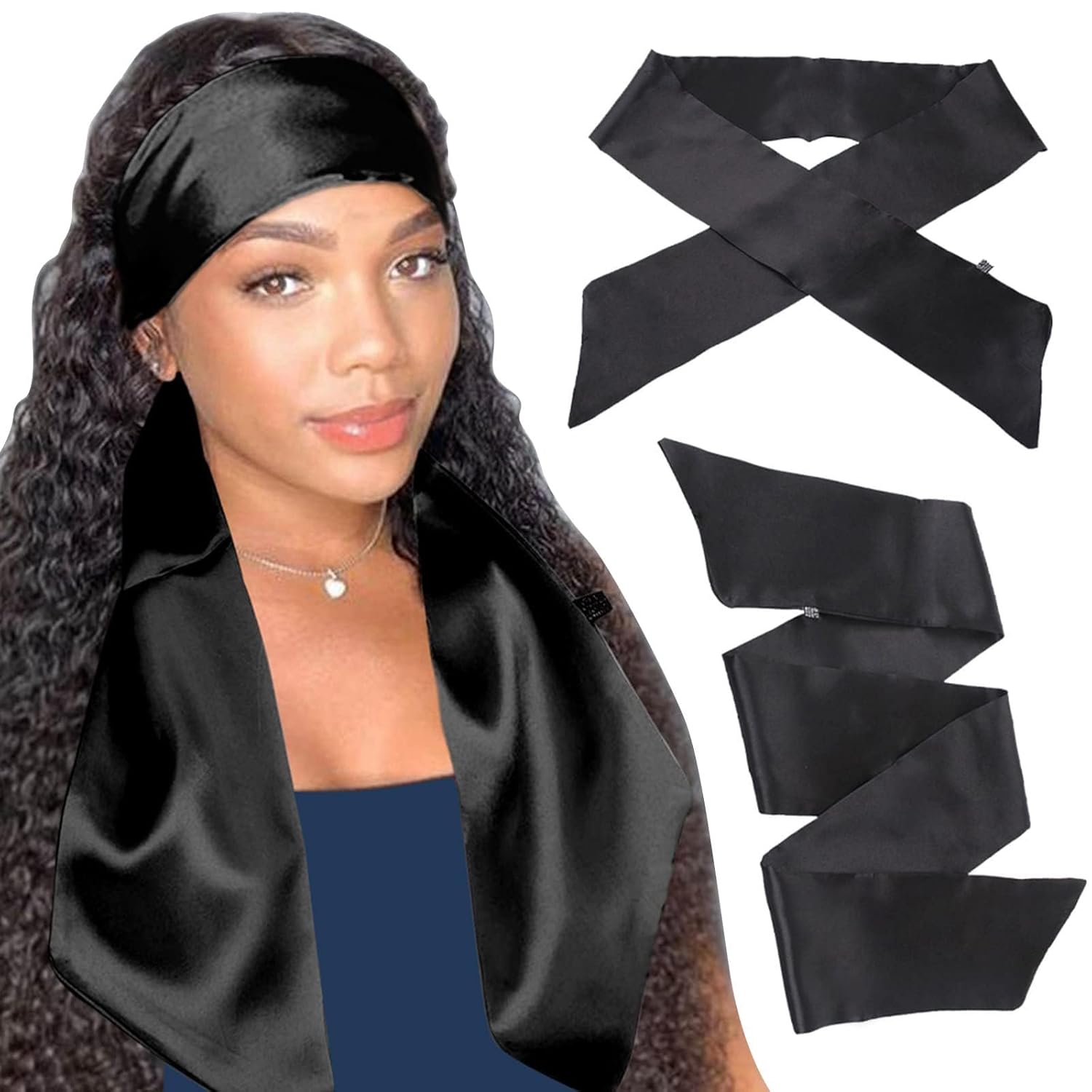 Xtrend 2pcs Women&#039;s Satin Edge Scarves for Wigs 58 Inch Silk Edge Laying Scarf for Women Non Slip Hair Wrap Wigs Grip Band for Yoga, Makeup, Facial, Sport (2 Pcs, Black#)