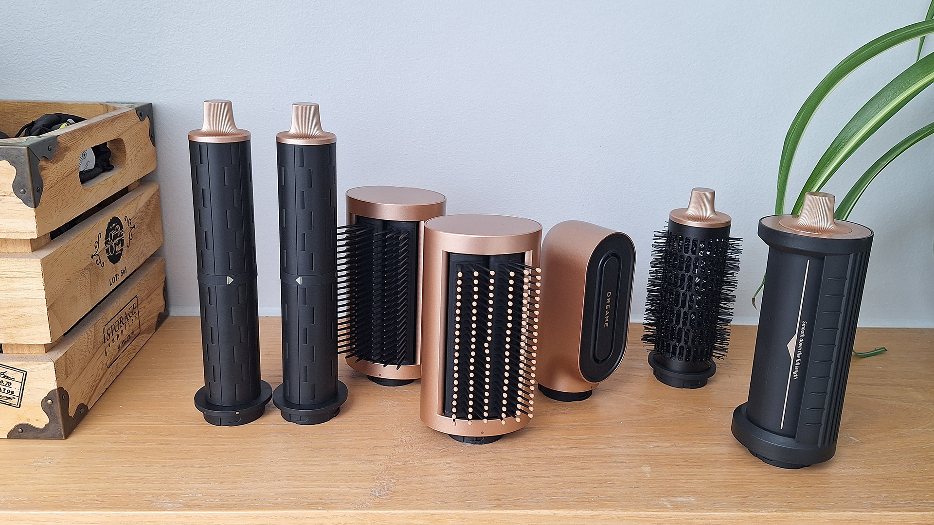 All the attachments for the Dreame AirStyle Pro, lined up on a shelf in reviewer's bathroom