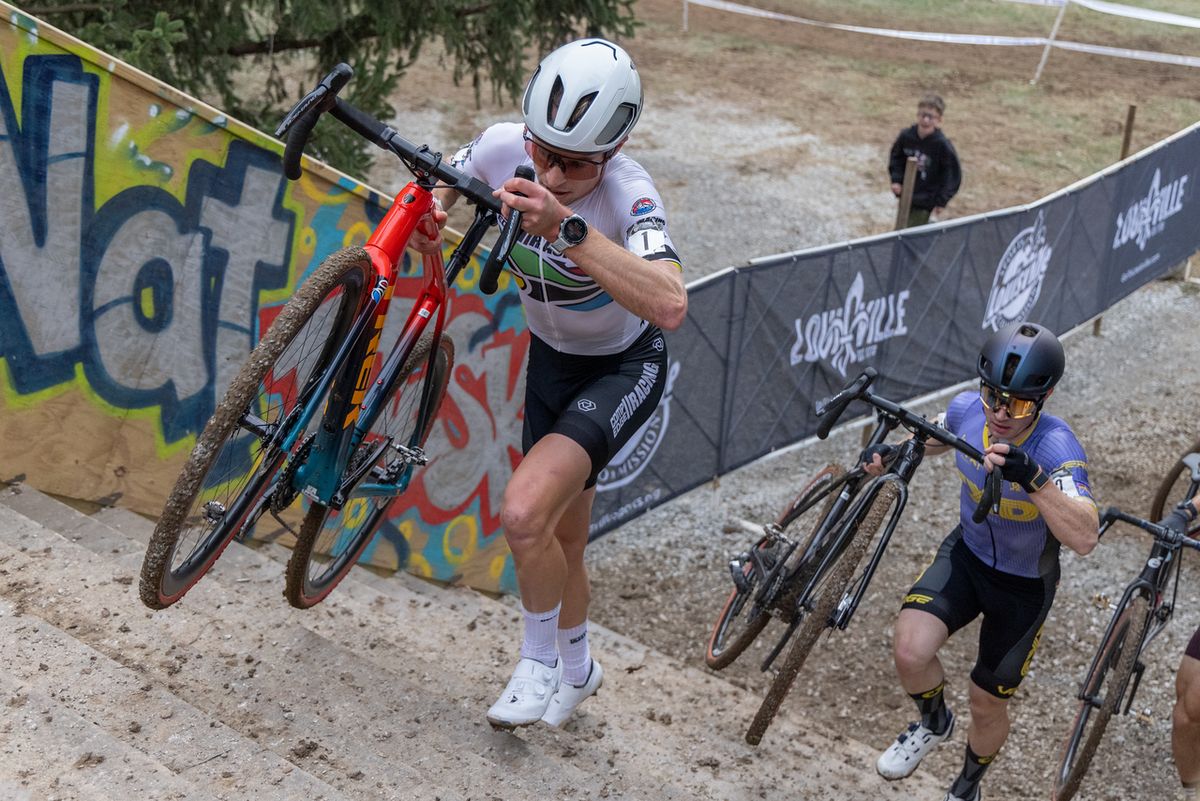 Eric Brunner attacked repeatly in the last quarter of the race but was unable to shake Strohmeyer and Funston.