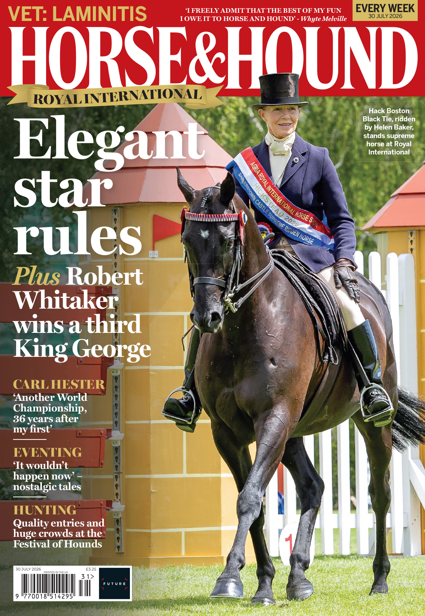 Cover of Horse and Hound featuring Boston Black Tie, a black horse ridden by Helen Barker who wears a top hat, navy blue coat and supreme champion sash