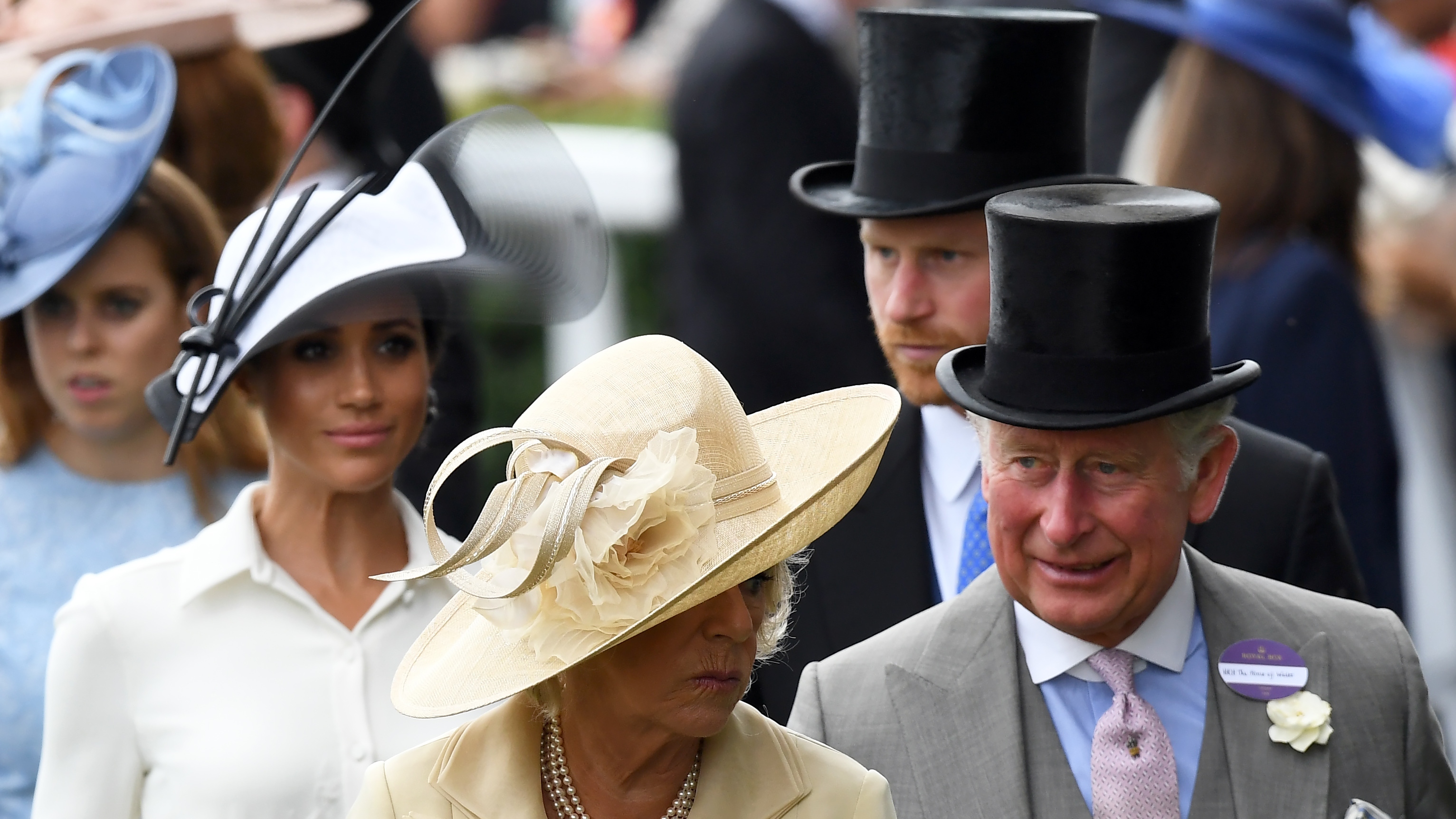 Meghan, Duchess of Sussex, Queen Camilla, Prince Harry, Duke of Sussex and King Charles attend the first day of Royal Ascot on June 19, 2018