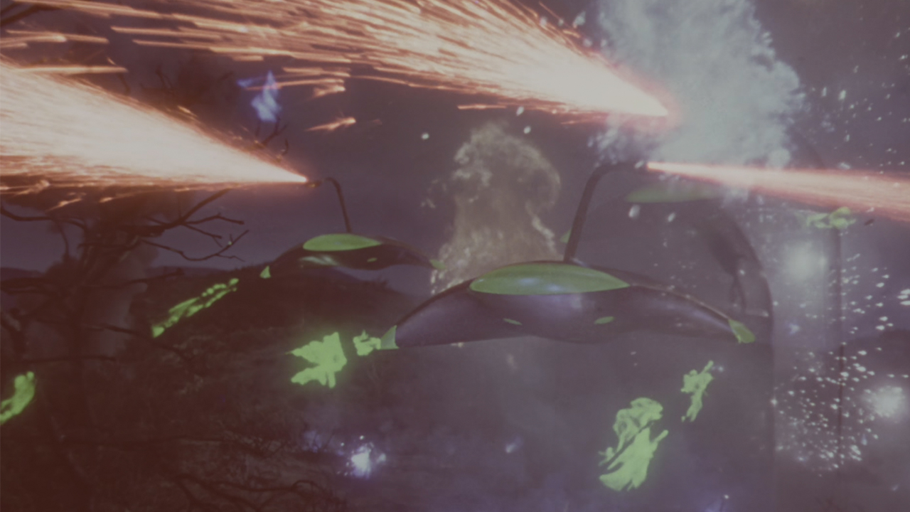 The alien ships shooting their lasers in War of the Worlds from 1953