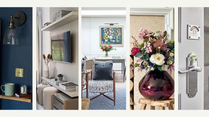 A compilation of five ideas for how to make a home look expensive with lighting, bespoke storage, door handles, flower arrangements and artwork