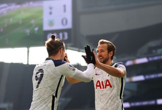Tottenham Hotspur’s Gareth Bale celebrates scoring their side’s first goal of the game with team-mate Harry Kane during the Premier League match at the Tottenham Hotspur Stadium, London. Picture date: Sunday February 28, 2021