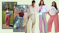 a montage of models wearing striped trouser outfits