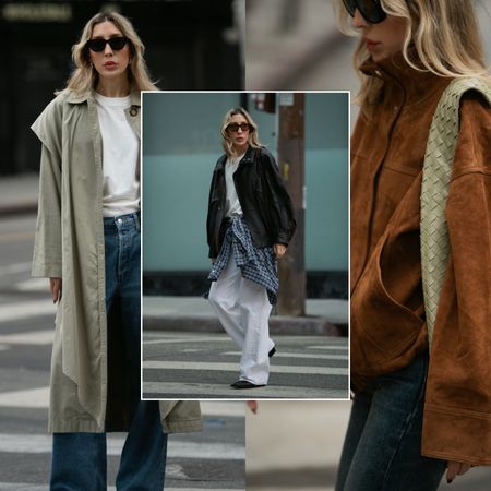 Angela Fink wearing a suede jacket, jeans, and boots; Angela Fink wearing a trench coat, a T-shirt, and jeans; Angela Fink wearing a leather jacket, a white T-shirt, white jeans, and shoes