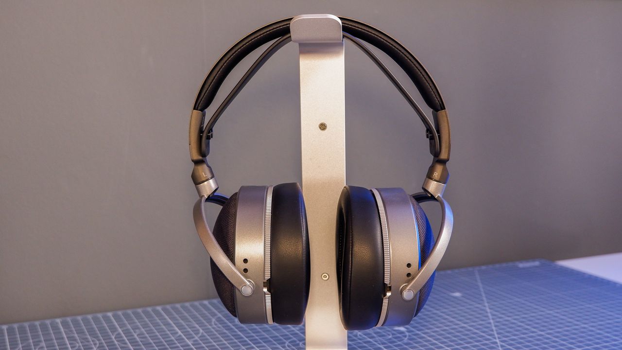 Audeze LCD-S20 gaming headset on a desk with the planar magnetic drivers on show.