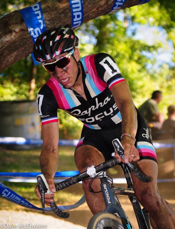 Jeremy Powers (Rapha Focus) showing signs of chasing behind the dust kicked up by the leaders