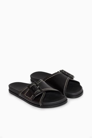 Contrast-Stitch Buckled Leather Slides