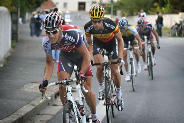 Philippe Gilbert (Silence-Lotto) leads an escape with Tom Boonen (Quick Step), Borut Bozic (Vacansoleil) and Greg Van Avermaet (Silence-Lotto), l-r.
