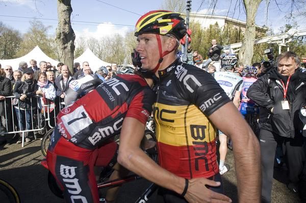 Philippe Gilbert is congratulated by his BMC teammate Greg Van Avermaet on third in Fleche Wallonne