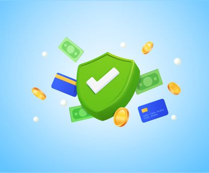 3d green check mark with banking debit credit cards and coins