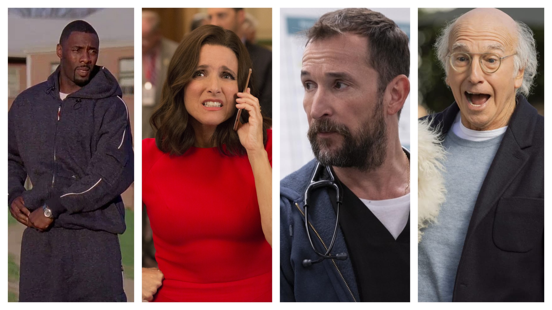 Four shows sliced together from HBO Max, from left to right: The Wire, Veep, The Pitt, and Curb Your Enthusiasm 