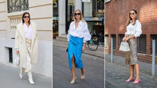A composite of street style influencers showing how to style a slip skirt for work with a shirt